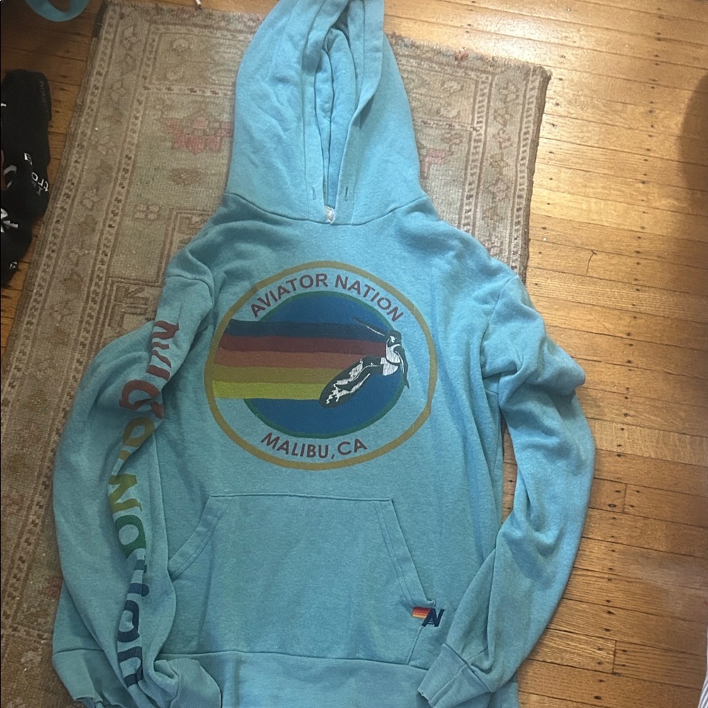 Aviator Nation Men's Hoodie in Aqua with Retro Malibu Graphic